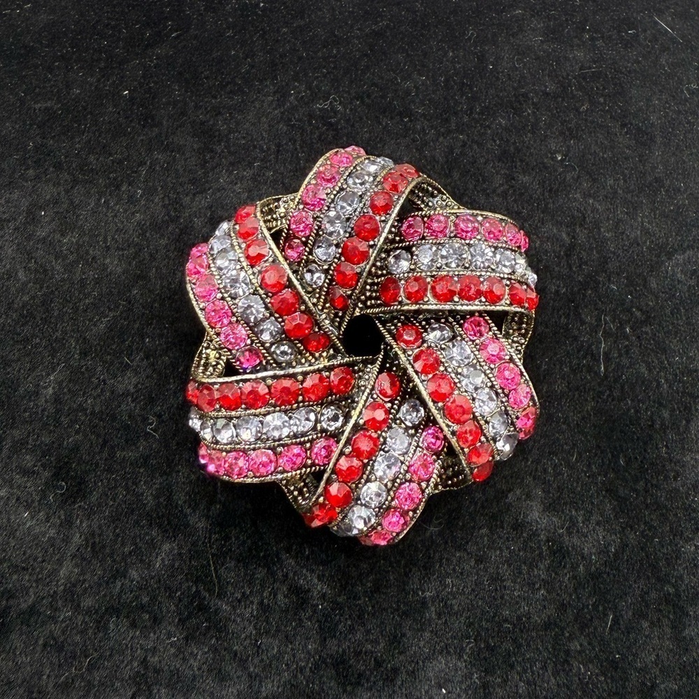 Vintage Monet Rhinestone Swirl Brooch Red Pink Silver Crystal Statement Pin
